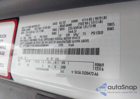 2022 Ford Transit-250 T-250 z USA, uszkodzony, nr VIN 1FTBR1Y81NKA59844